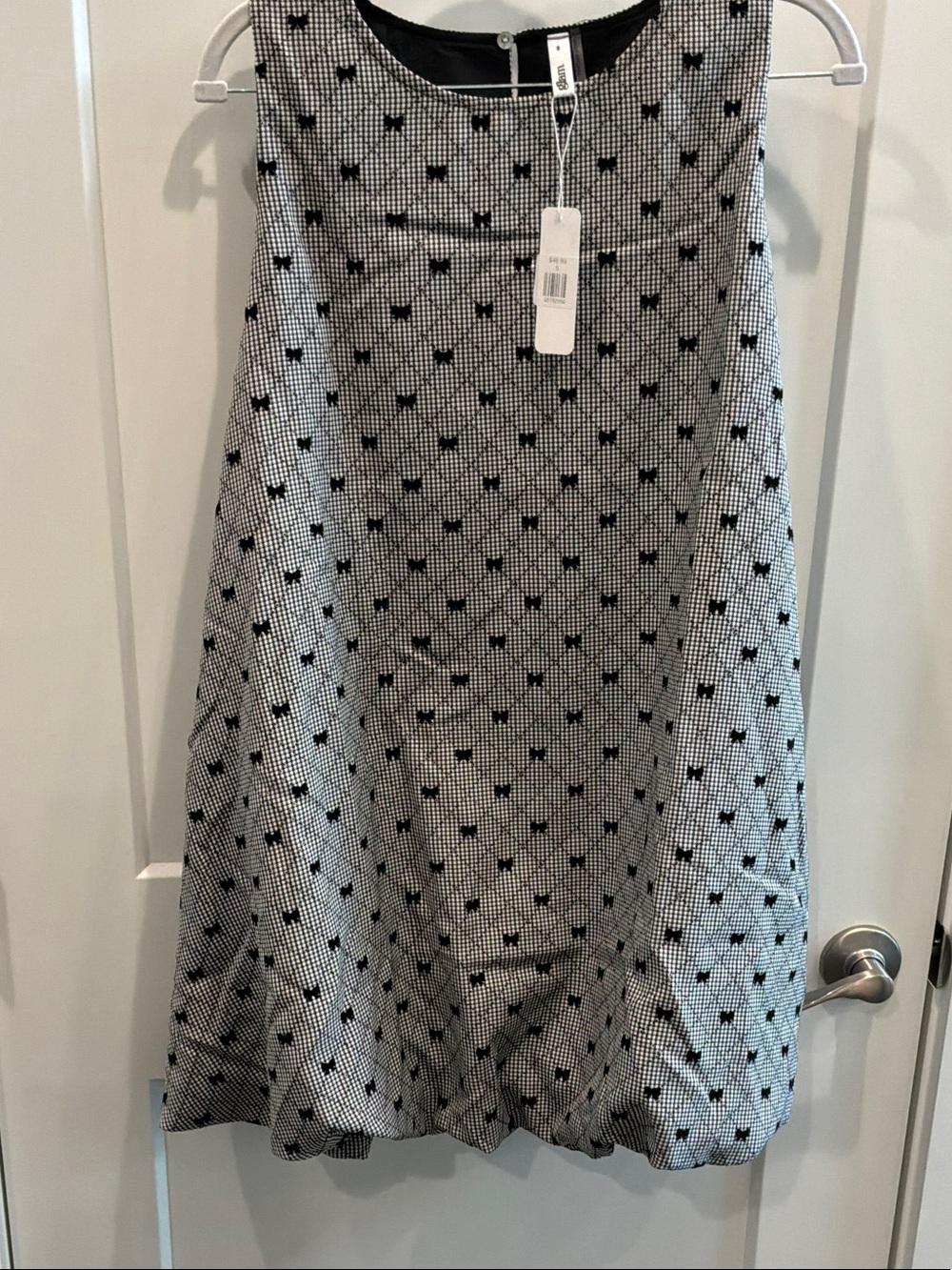 NWT glam Small Black White A-Line Mini Dress Bow Pattern Puff Bottom Pockets